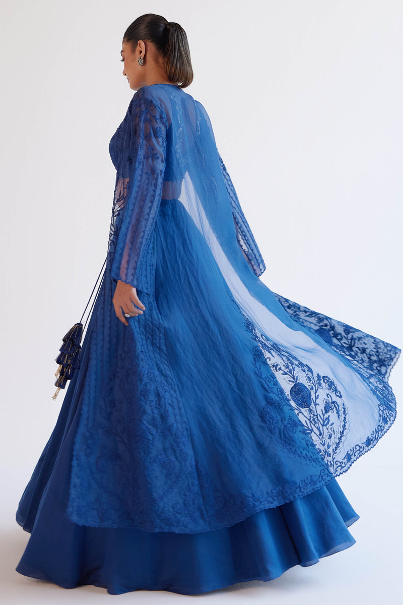 Sapphire Blue Satin Lehenga and Embroidered Jacket Set