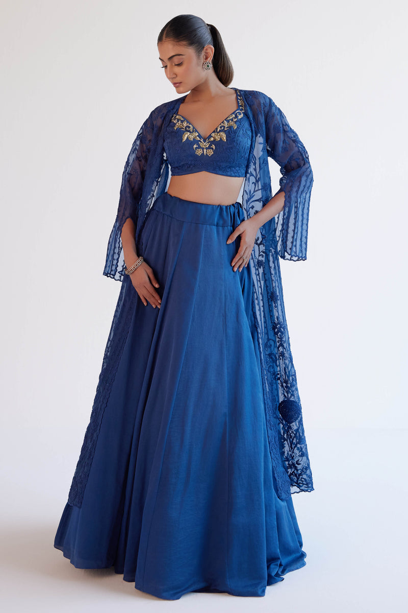 Sapphire Blue Satin Lehenga and Embroidered Jacket Set