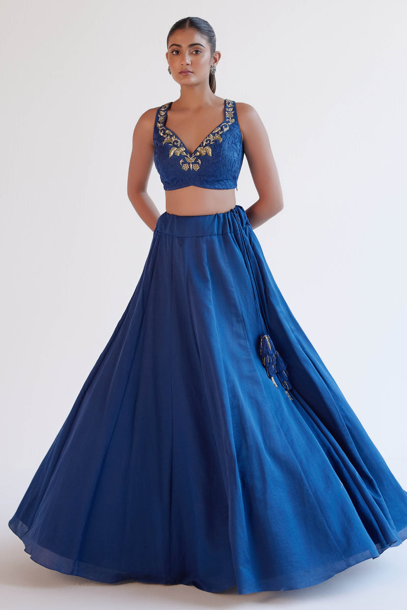 Sapphire Blue Satin Lehenga and Embroidered Jacket Set