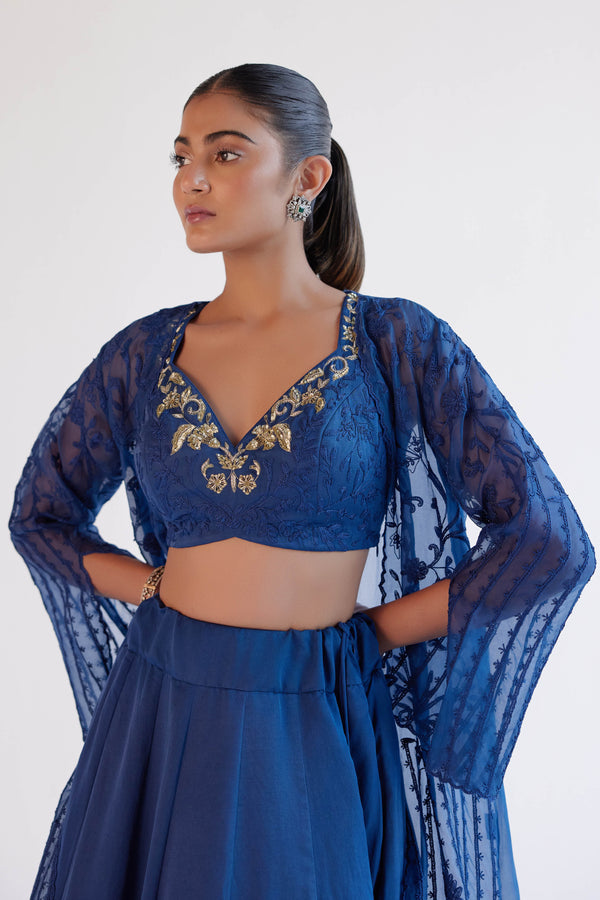 Sapphire Blue Satin Lehenga and Embroidered Jacket Set
