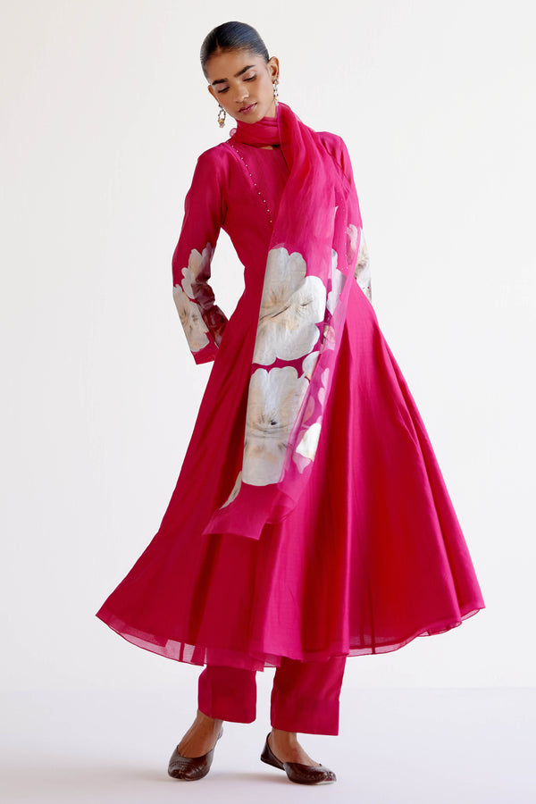 Fuchsia Pink Cotton Silk Blend Hand-Painted Anarkali Set