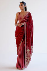 Dusty Rose Embroidered Velvet Saree Set