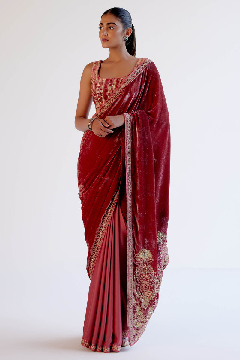 Dusty Rose Embroidered Velvet Saree Set