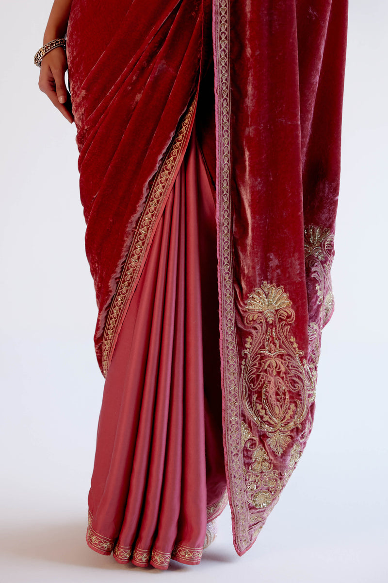 Dusty Rose Embroidered Velvet Saree Set