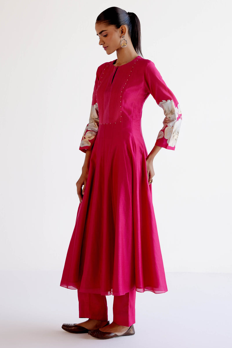 Fuchsia Pink Cotton Silk Blend Hand-Painted Anarkali Set