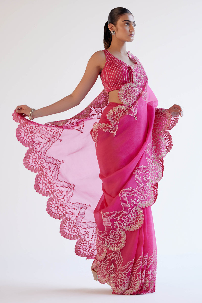 Fuchsia Pink Embroidered Silk Organza Saree