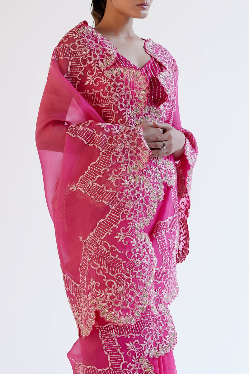 Fuchsia Pink Embroidered Silk Organza Saree