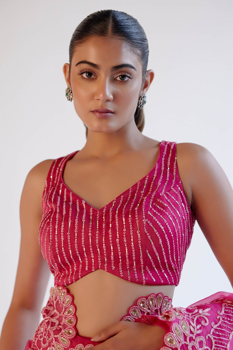 Fuchsia Pink Embroidered Silk Organza Saree