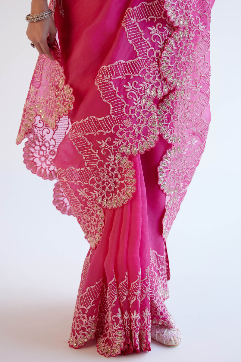 Fuchsia Pink Embroidered Silk Organza Saree