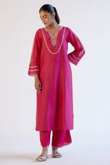 Fuchsia Pink Block Print Embroidered Kurta Set