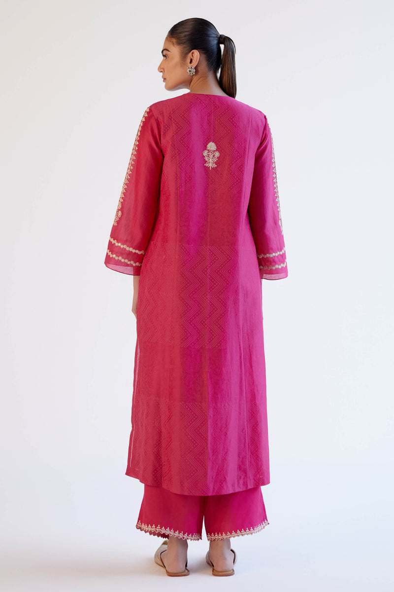 Fuchsia Pink Block Print Embroidered Kurta Set
