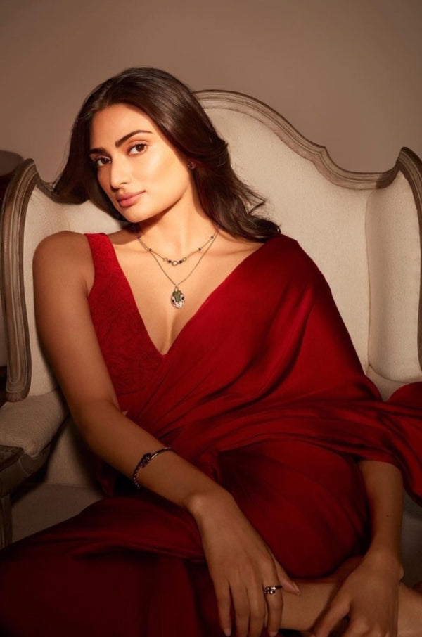 Red Satin Pre Draped Saree (RTS)