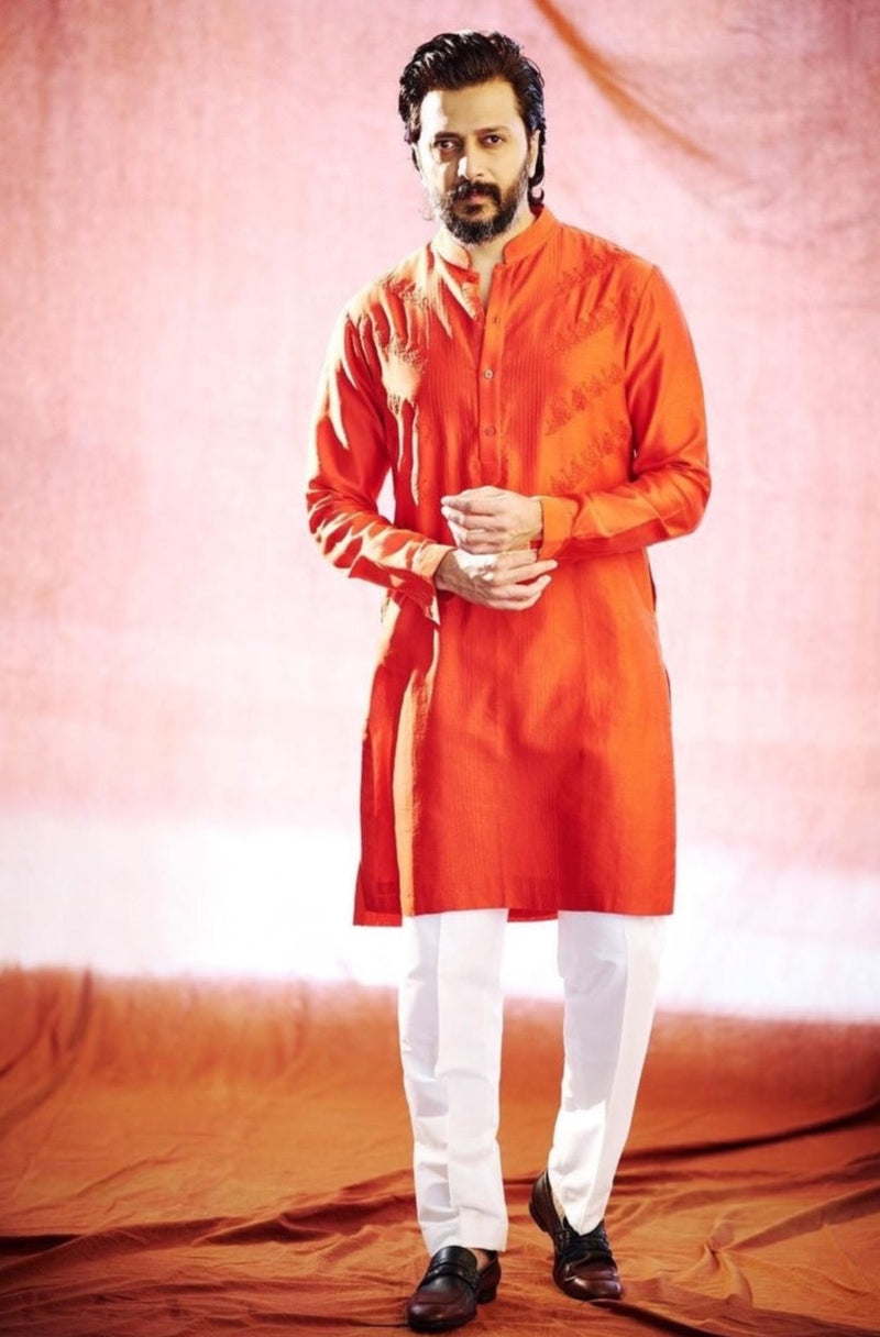 Riteish Deshmukh in Red Self Embroidered Chanderi Kurta Set