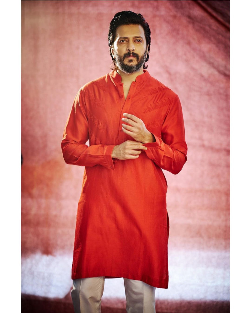 Riteish Deshmukh in Red Self Embroidered Chanderi Kurta Set