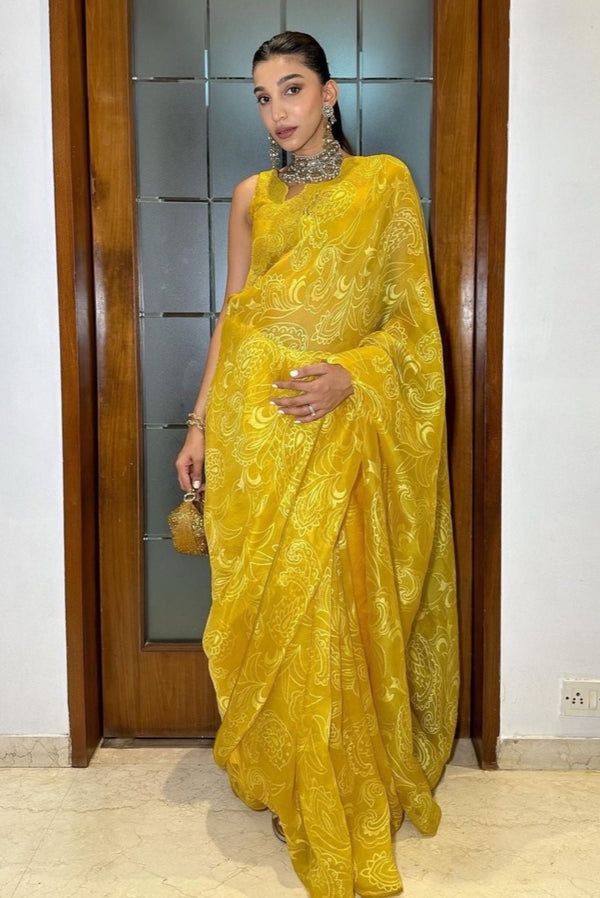 Juhi Godambe in Mustard Woven Silk Organza Saree