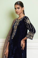 Navy Blue Embroidered Velvet Straight Kurta Set
