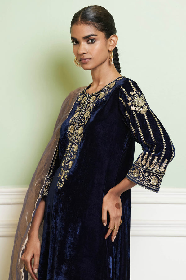 Navy Blue Embroidered Velvet Straight Kurta Set
