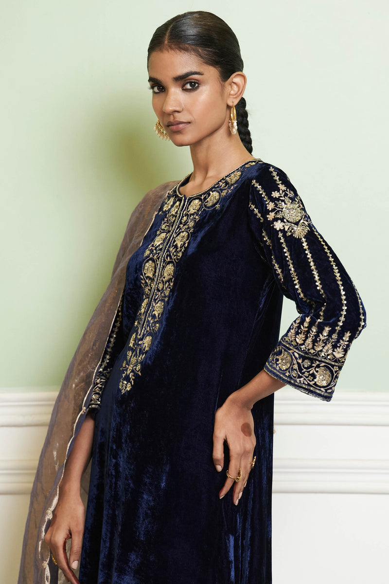 Navy Blue Embroidered Velvet Straight Kurta Set