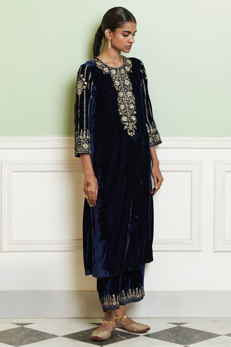 Navy Blue Embroidered Velvet Straight Kurta Set