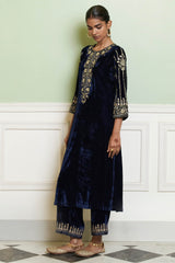 Navy Blue Embroidered Velvet Straight Kurta Set