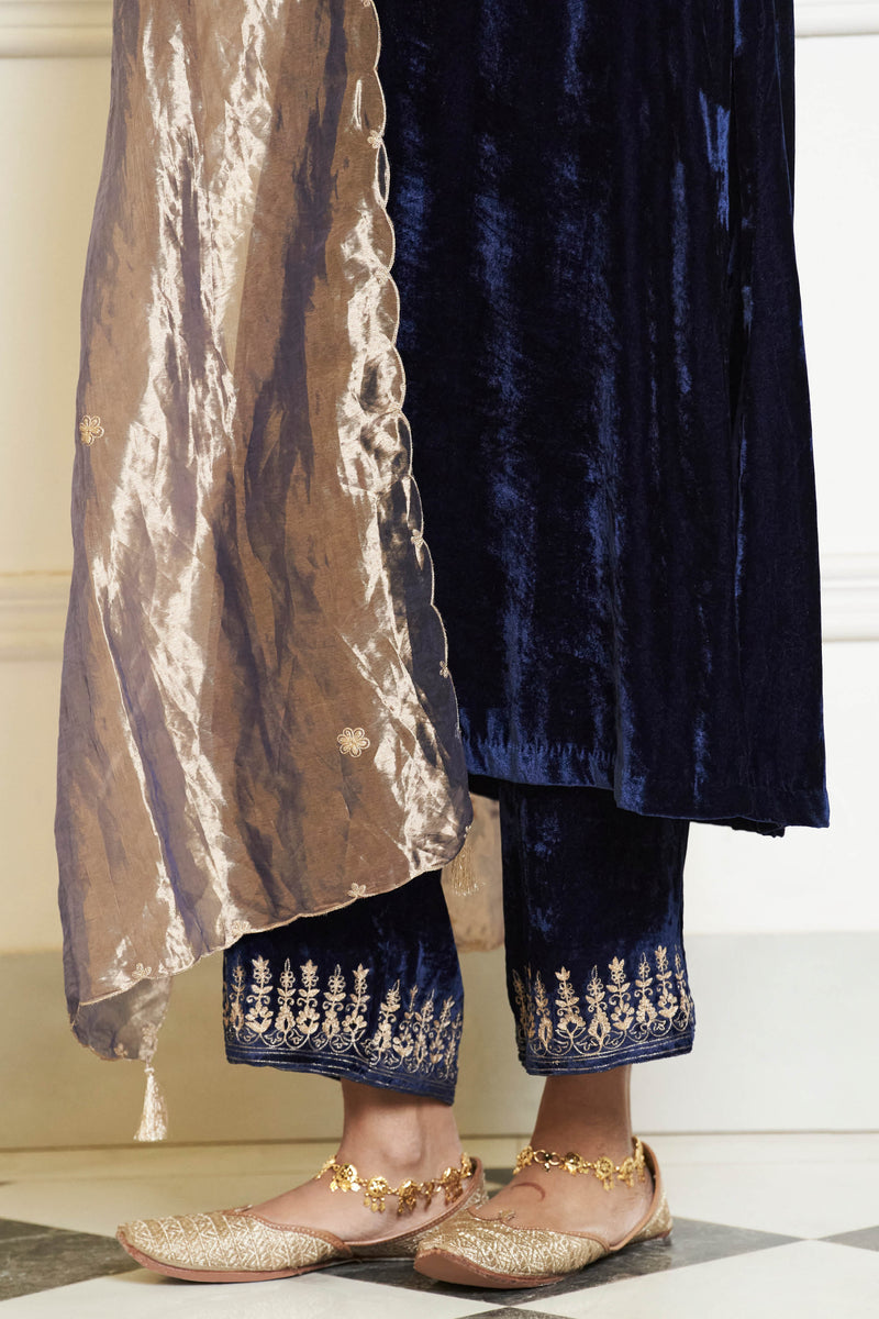 Navy Blue Embroidered Velvet Straight Kurta Set