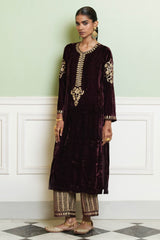Wine Red Embroidered Velvet Kurta Set