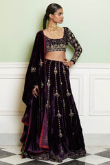 Deep Purple Embroidered Velvet Lehenga Set