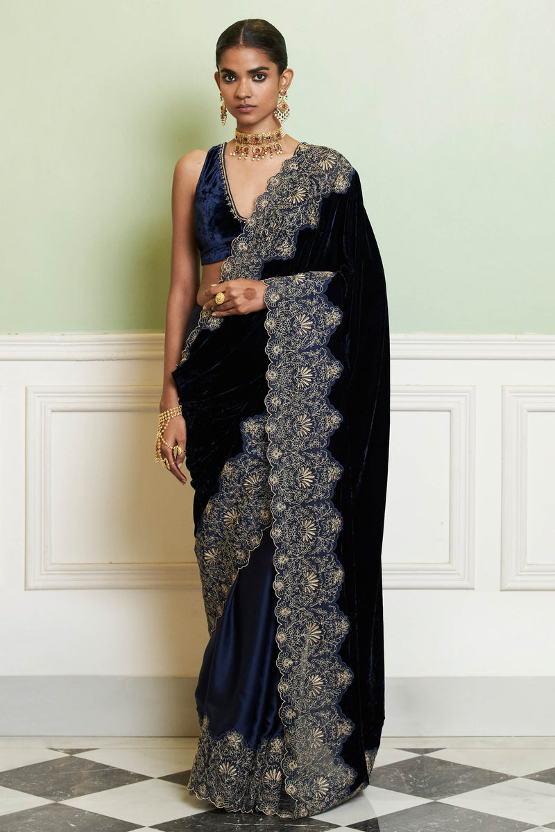 Navy Blue Embroidered Velvet Saree Set