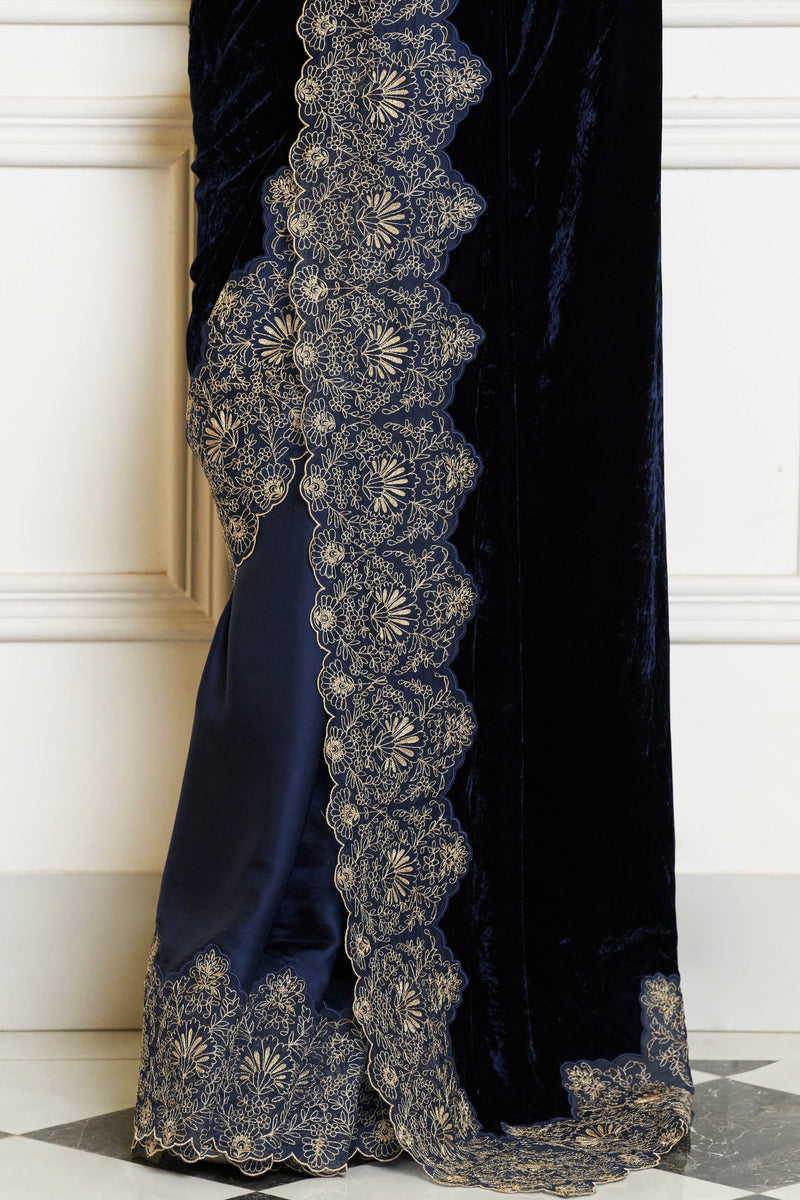 Navy Blue Embroidered Velvet Saree Set