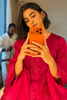 Pooja Hegde in Fuchsia Raw Silk Satin Dori Embroidered Kurta Set