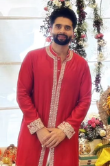 Jackky Bhagnani in Red Chanderi Cotton Kurta Set