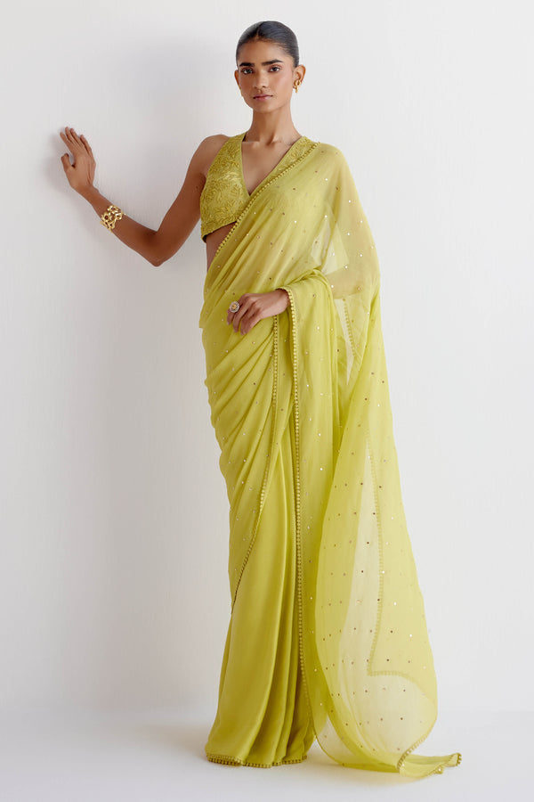 Divya Boppana in Green Modal Satin & Chiffon Mukaish Saree