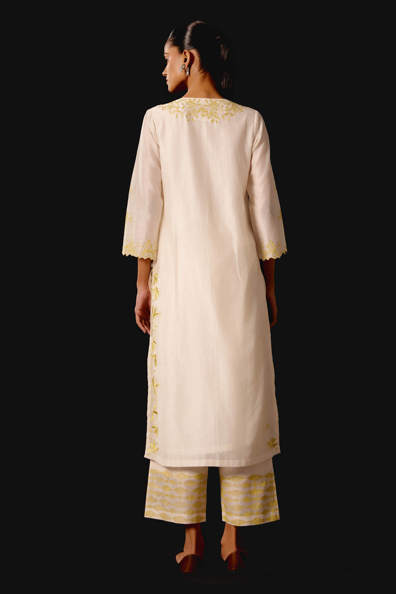 Ivory Yellow Chanderi Kurta Set with Cutwork Embroidery