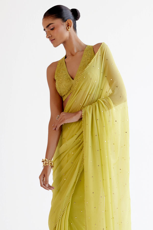 Divya Boppana in Green Modal Satin & Chiffon Mukaish Saree