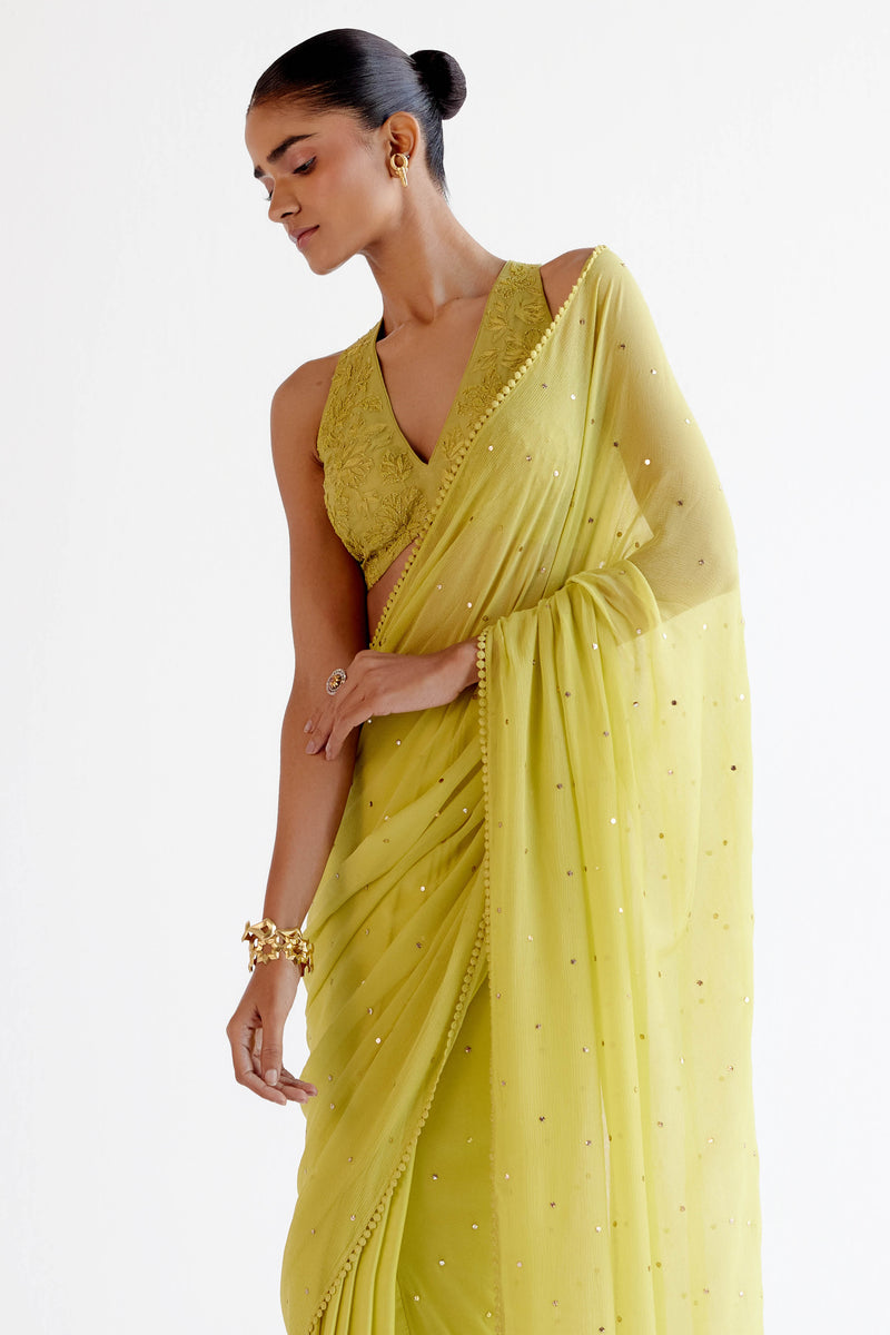 Divya Boppana in Green Modal Satin & Chiffon Mukaish Saree
