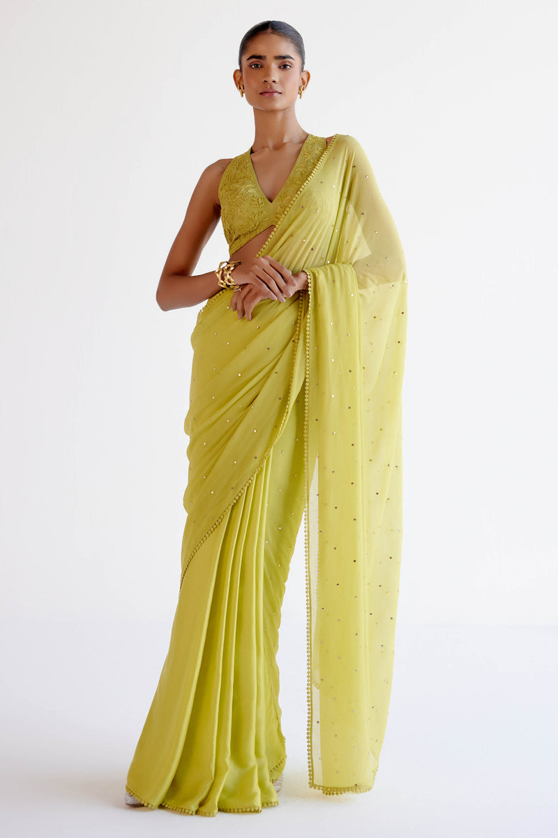 Divya Boppana in Green Modal Satin & Chiffon Mukaish Saree