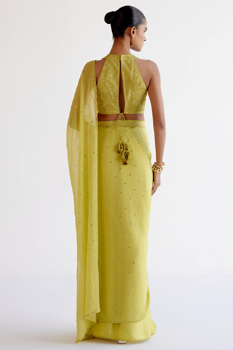 Divya Boppana in Green Modal Satin & Chiffon Mukaish Saree