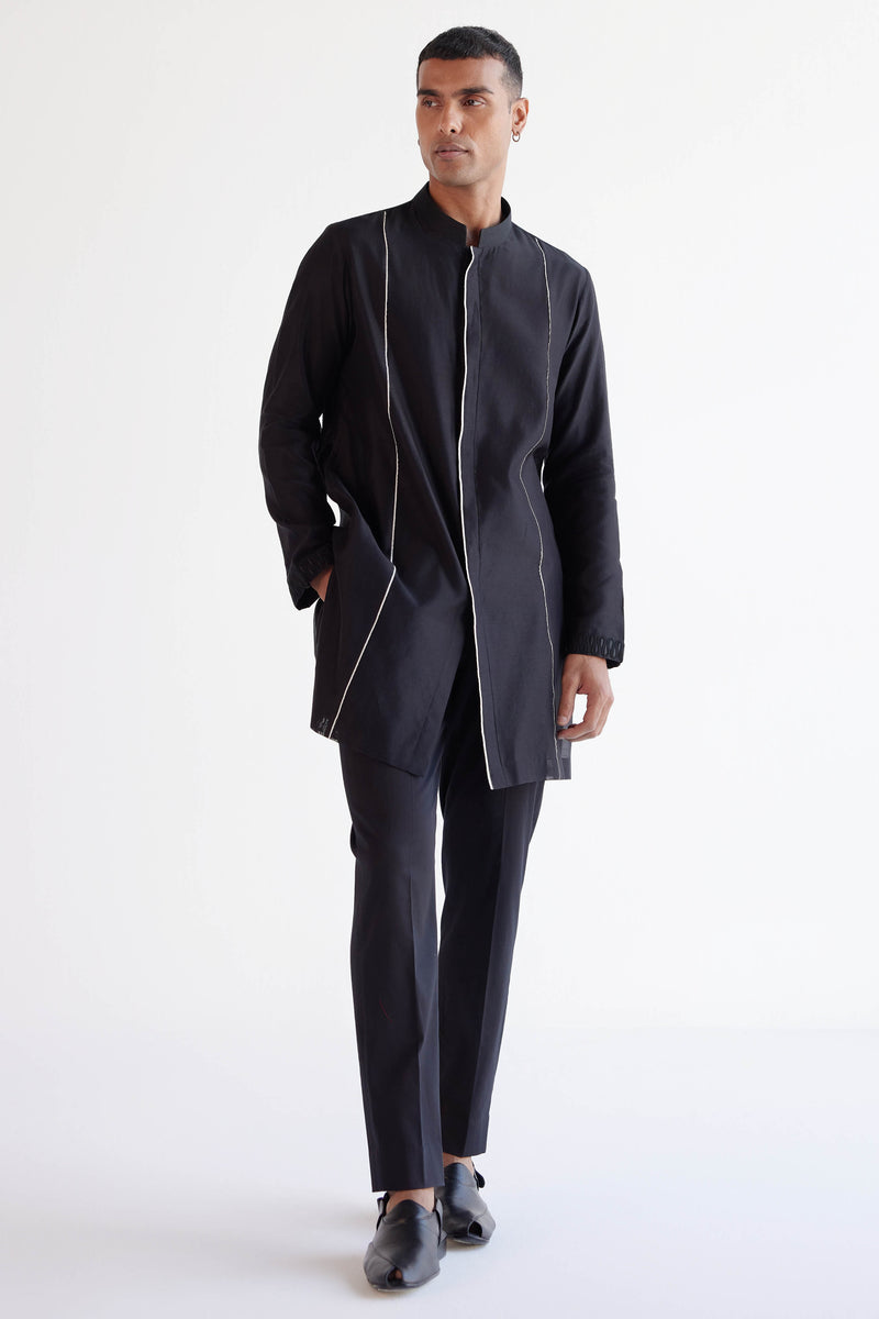 Black Silk Chanderi Kurta with Open Front