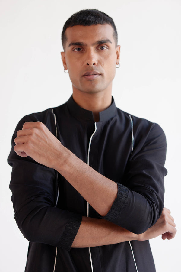Black Silk Chanderi Kurta with Open Front