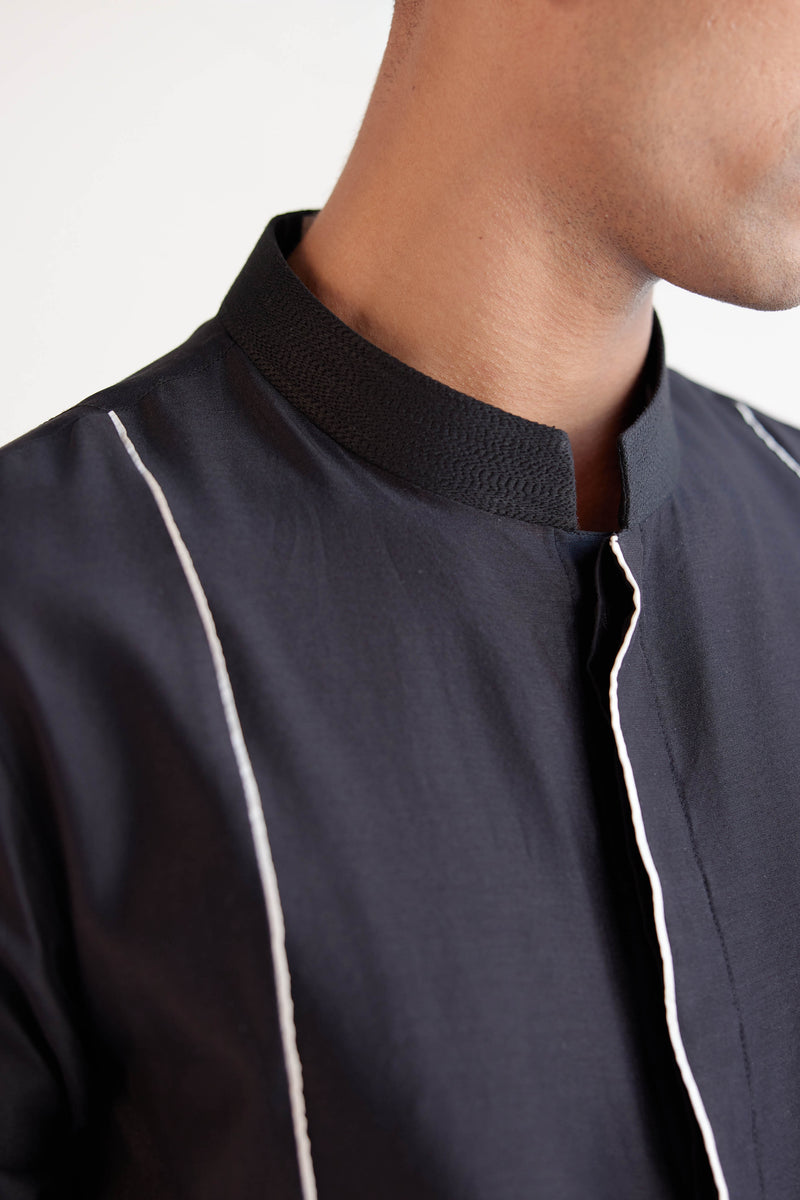 Black Silk Chanderi Kurta with Open Front