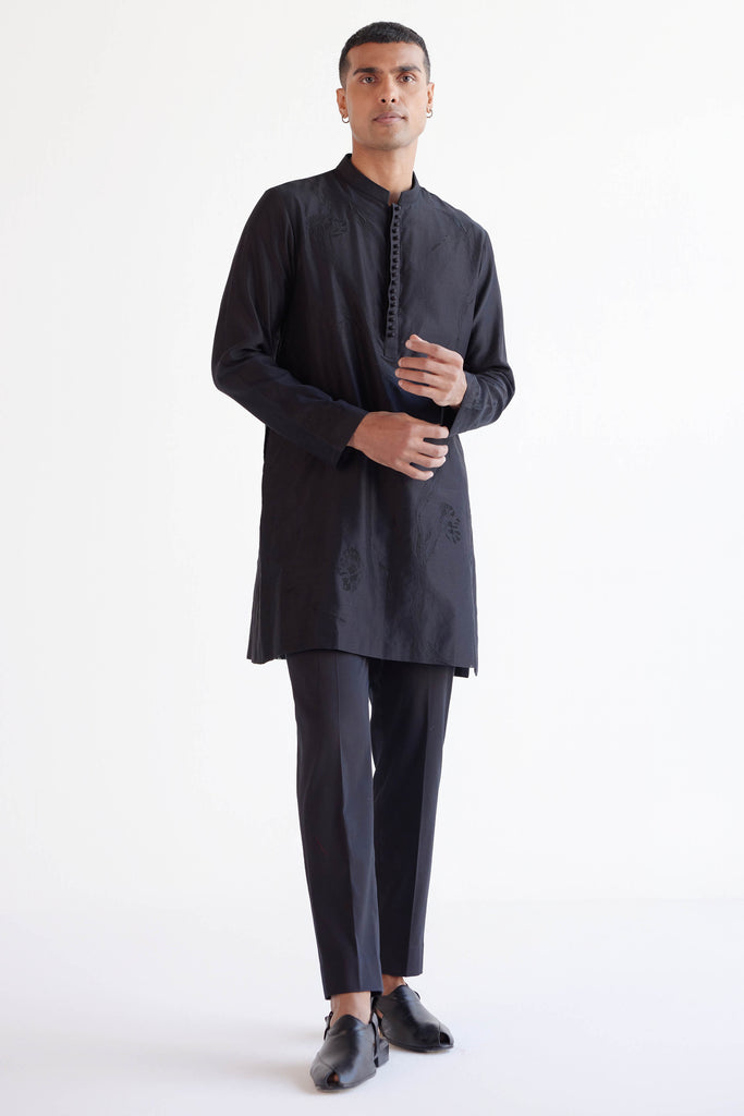 Black Emboidered Silk Chanderi Kurta Set