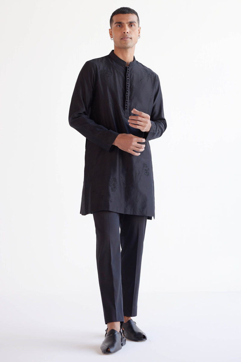 Black Emboidered Silk Chanderi Kurta Set