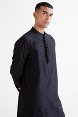 Black Emboidered Silk Chanderi Kurta Set