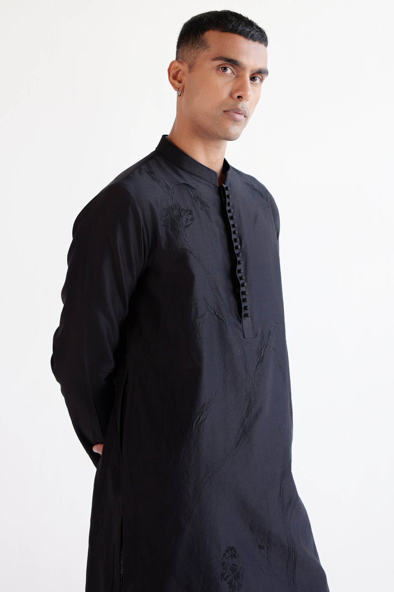 Black Emboidered Silk Chanderi Kurta Set