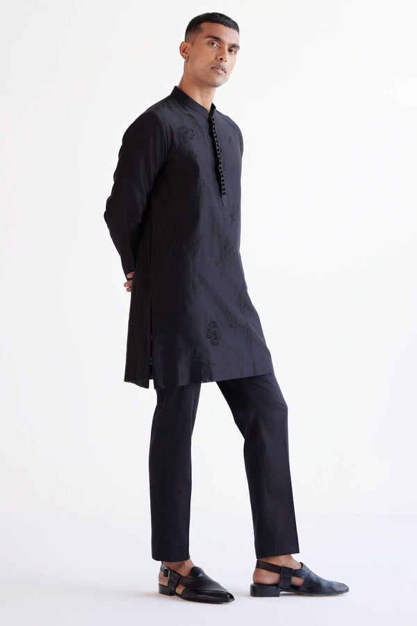 Black Emboidered Silk Chanderi Kurta Set