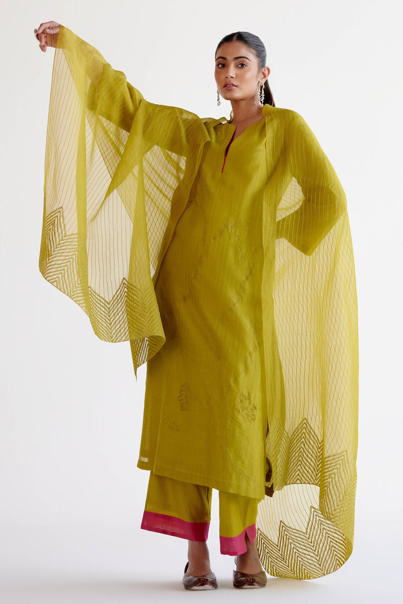 Green Chanderi Kurta Set with Resham Embroidery