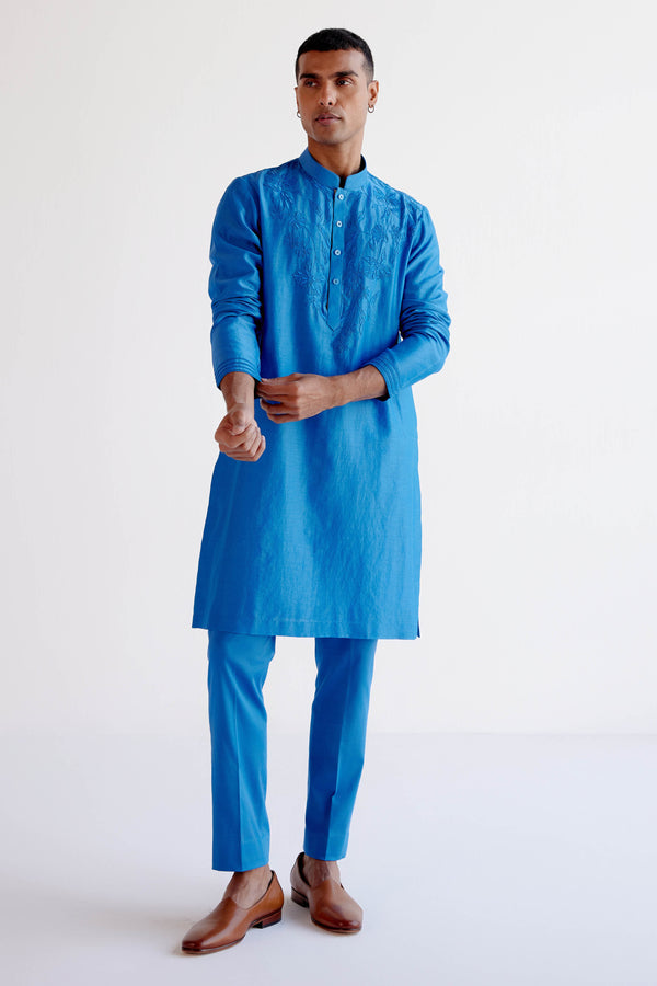 Bright Blue Embroidered Silk Chanderi Kurta