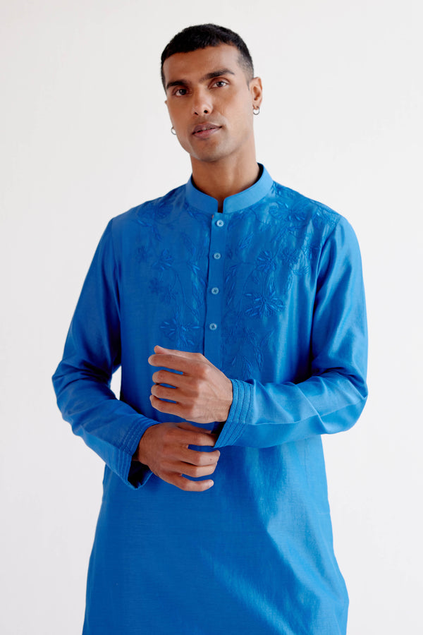 Bright Blue Embroidered Silk Chanderi Kurta