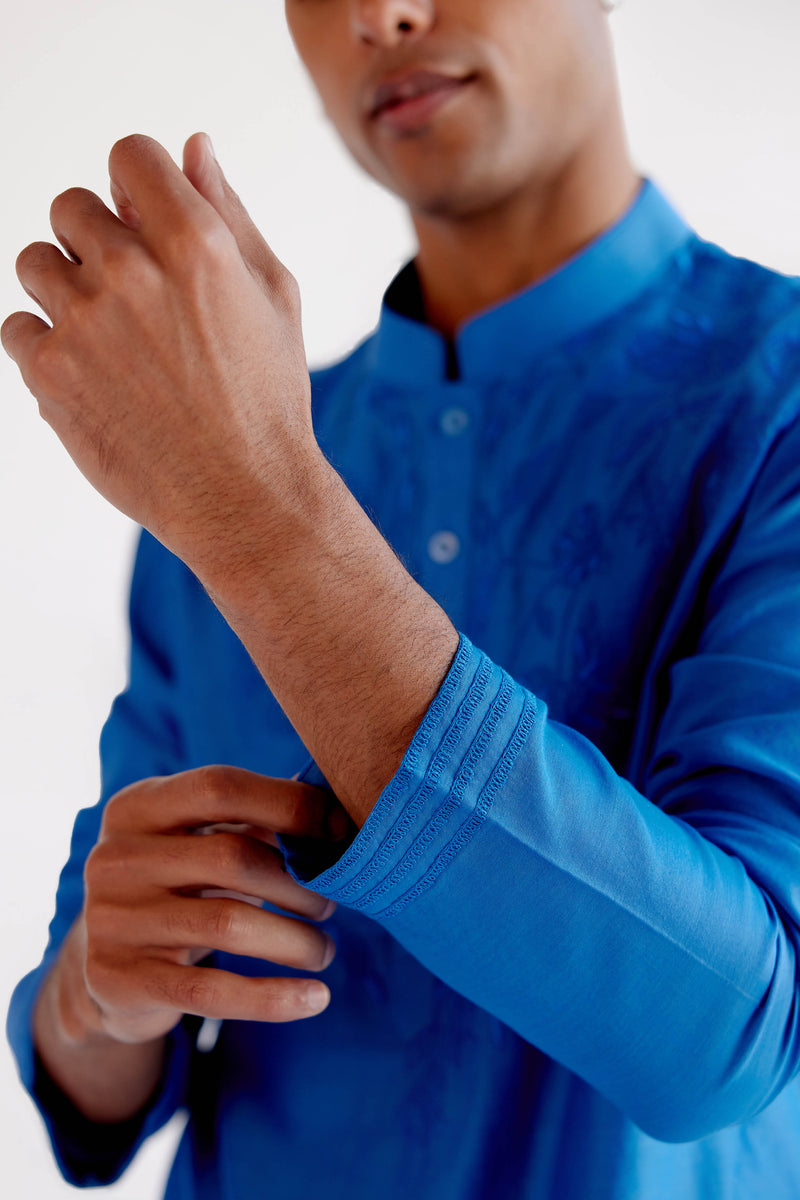 Bright Blue Embroidered Silk Chanderi Kurta