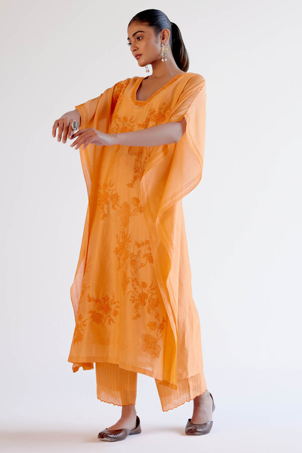 Orange Chanderi Kaftan Set with Resham Embroidery